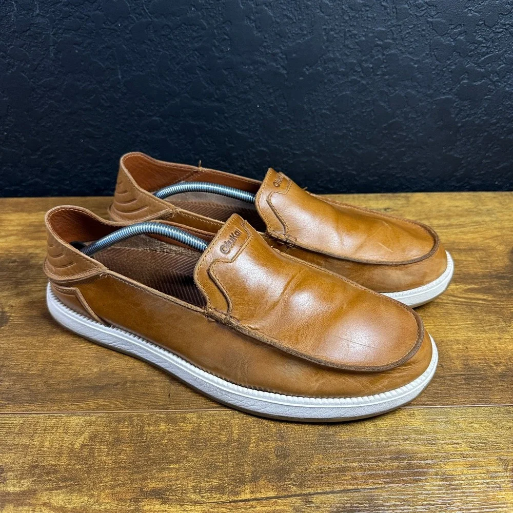 OluKai Kakaha 10557-FXFX Tan Leather Slip-On Loafers Mens Size 13 US / 46 EU